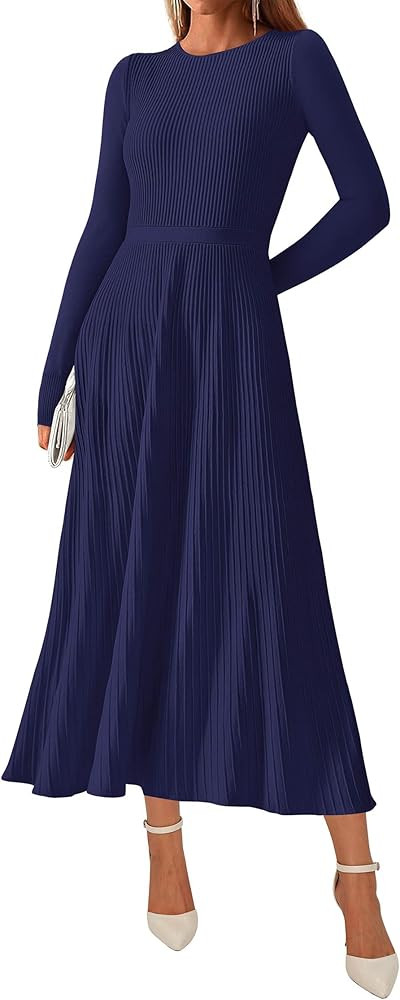 KIRUNDO Women Fall Business Casual Ribbed Knit Long Sleeve Bodycon Pleated Midi Sweater Dress Ele... | Amazon (US)