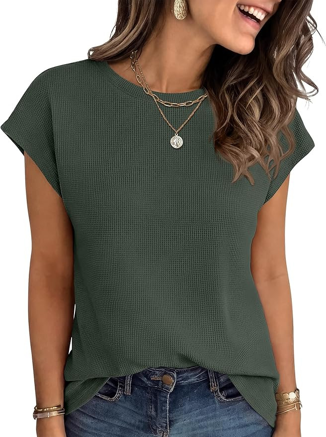 ANRABESS Womens Waffle Knit Cap Sleeve T Shirts Summer Casual Tops Basic Tee Work Blouses 2026 Sp... | Amazon (US)