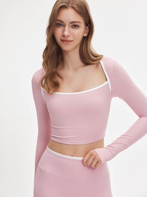 LunaAiry™ Square Neck Contrast Trim Cropped Long Sleeve - Dusty Pink / XS(0-2) | ShopAthluna