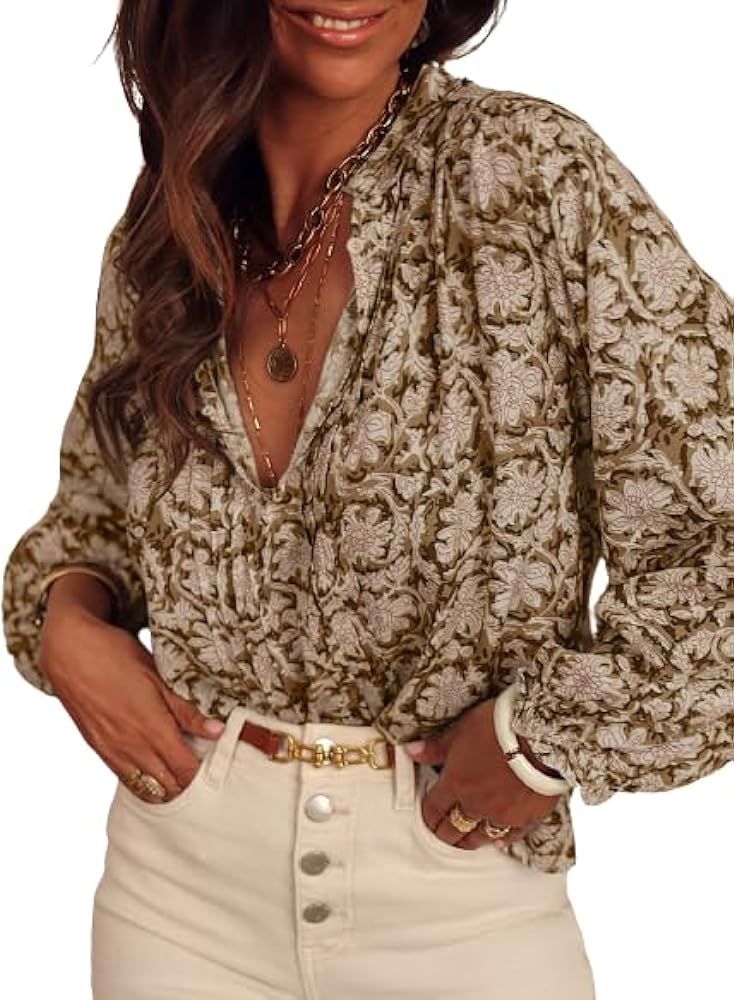 SHEWIN Women's Tops Casual V Neck Long Sleeve Shirts Floral Boho Blouses Tunics | Amazon (US)