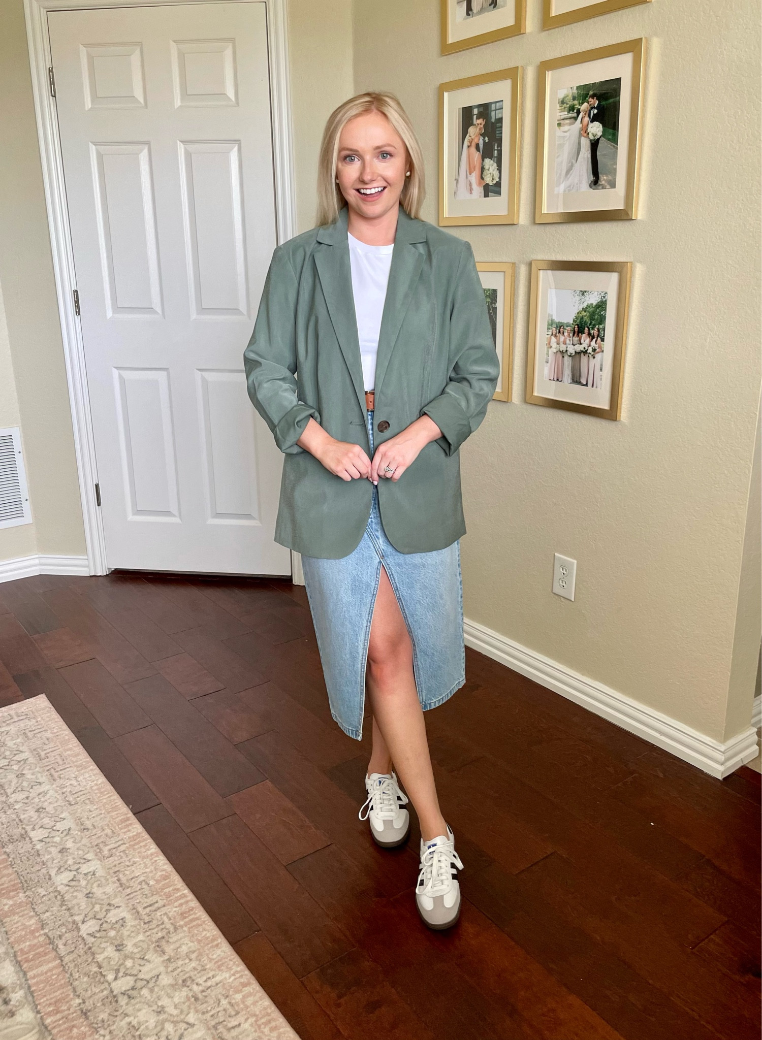 Wearing an XS in blazer, it is an oversized fit! | green blazer, fall blazer, denim skirt, denim midi skirt 

#LTKstyletip #LTKSeasonal #LTKFind