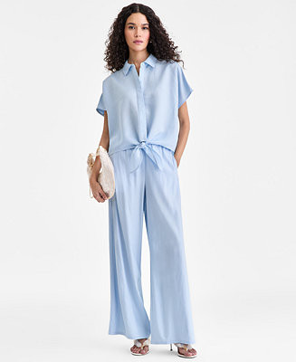 Women's Linen Tie Front Blouse & Pull On Pants | Macy's