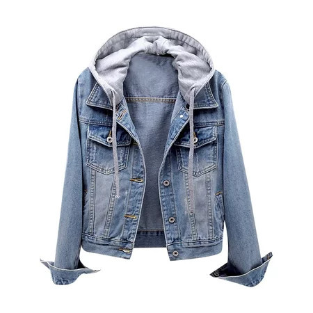 Denim Jean Jacket for Lady Womens Hooded Denim Jacket Classic Casual Jean Hoodie Jackets Slim Fitting Button Denim Coat Streetwear Light blue M | Walmart (US)