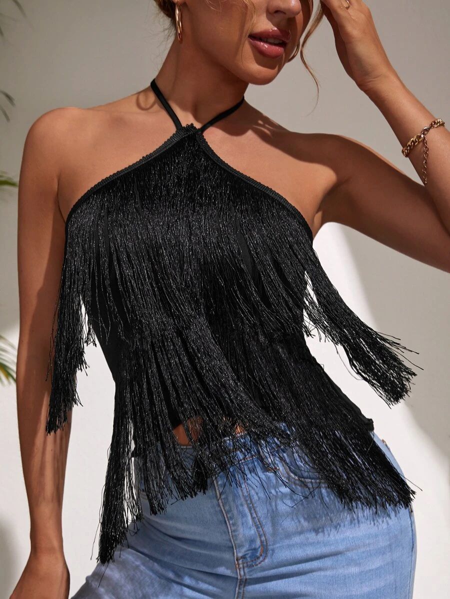 Halter Neck Fringe Lace Up Backless Top
   SKU: sw2202142086239613      
          (161 Reviews)
... | SHEIN