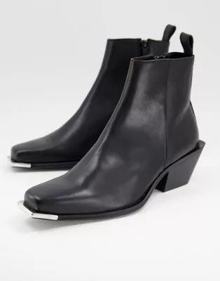 ASOS DESIGN cuban heeled chelsea boot in black leather with metal toe detail | ASOS (Global)