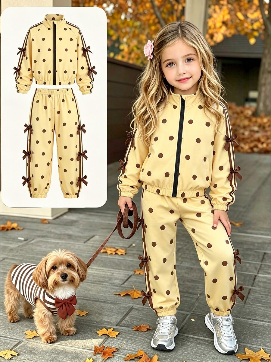 SHEIN Elladie kids 2Pcs Young Girls Fall Winter Outfit, Sweet PolkaDot Printed Zip Front Stand Collar Jacket Side Bow Detail Elastic Waist Jogger Pants Casual Sports | SHEIN