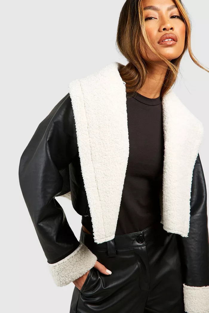 Cropped Borg Trim Bonded Aviator Jacket | Boohoo.com (UK & IE)