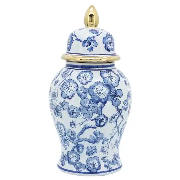 Sagebrook Home 14" Ceramic Temple Jar with Lid Contemporary Vintage Style Blue and White Chinoise... | Bed Bath & Beyond