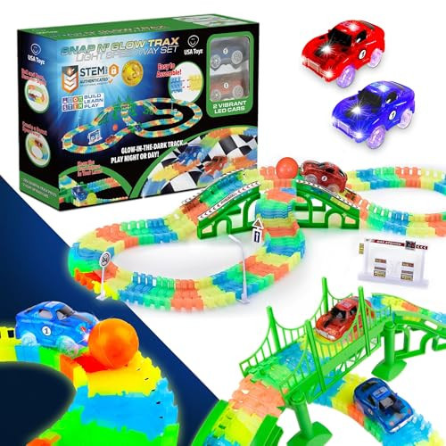 USA Toyz Glow Trax Glow in The Dark Race Tracks for Kids- Speedway Race Car Track Set with 360pk Flexible Roads, 2 Light Up Toy Cars, Bridges, Ramps, Play Set STEM Building Toys for Boys and Girls | Amazon (US)