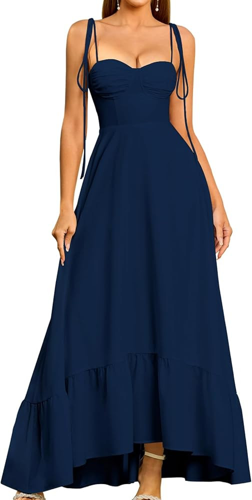 GLNEGE Women's Summer Spaghetti Strap Maxi Wedding Guest Dress Smocked Ruffle Tea Party Dresses F... | Amazon (US)