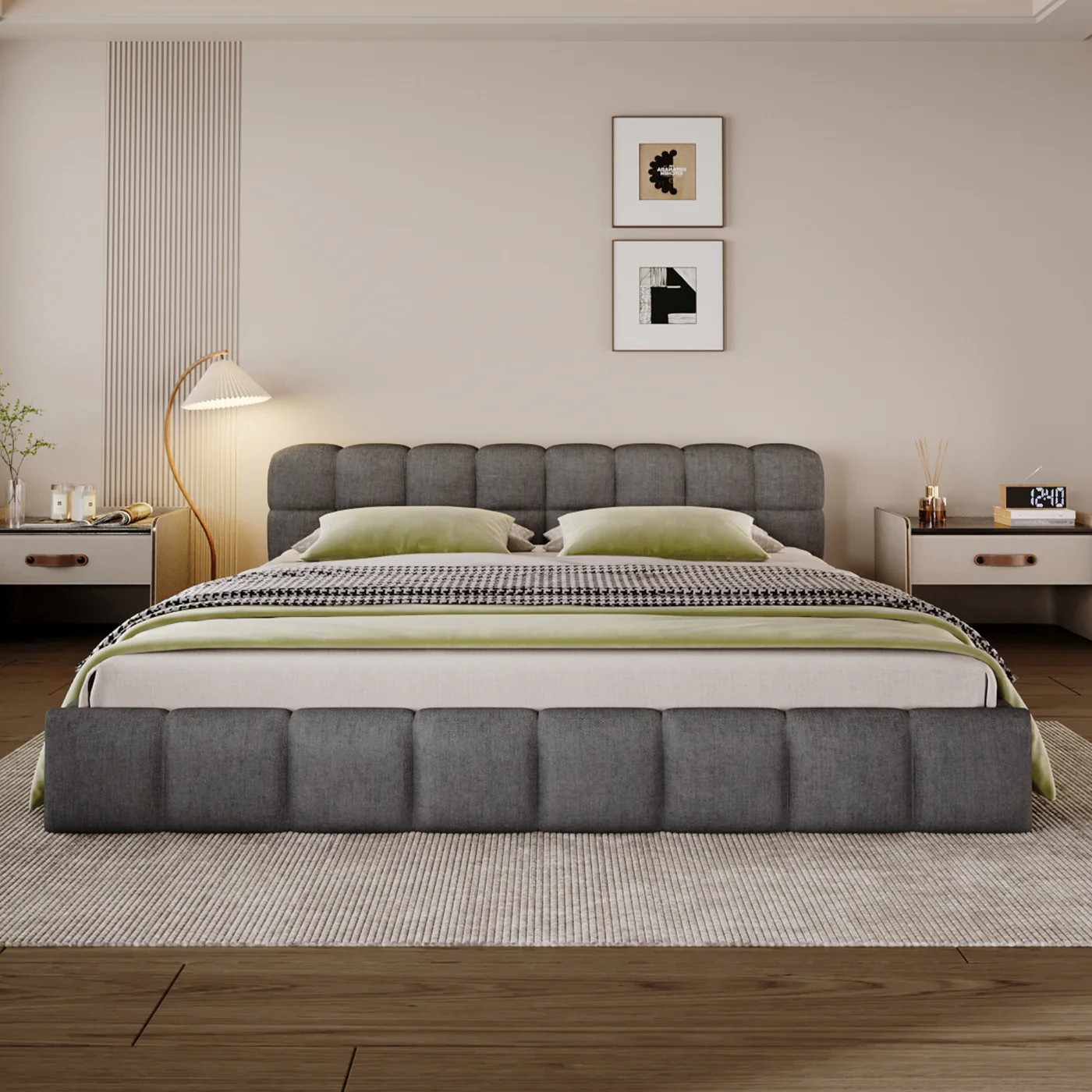 Streamdale Elegant Beige Chenille Upholstered Bed with Checkerboard Design, King, Grey | Shop Simon