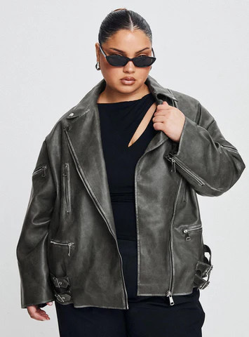 Magnets Faux Leather Jacket Washed Charcoal Curve | Princess Polly US