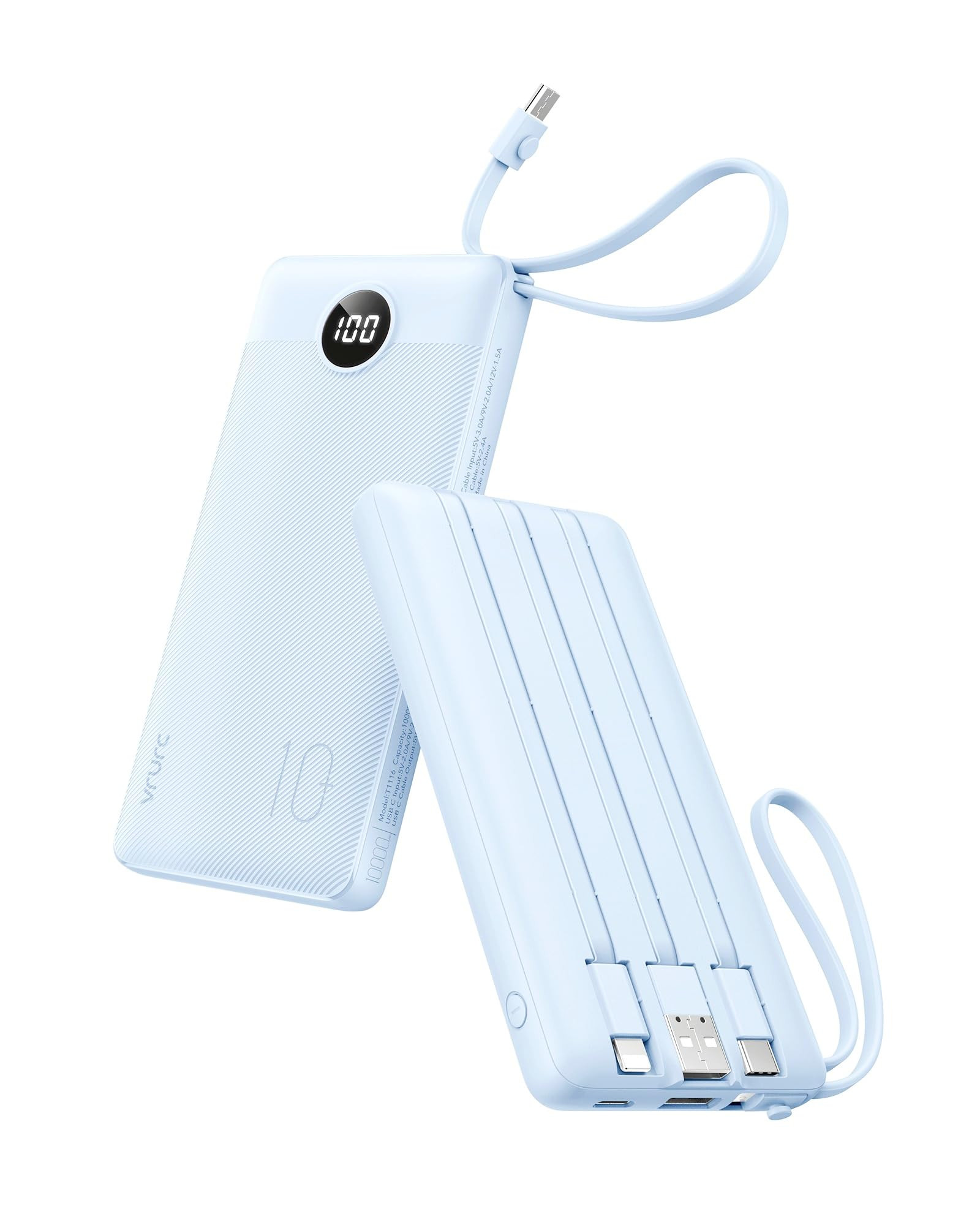 VRURC 10000mAh Power Bank Built-in Cables, Portable Charger with LED Display, Slim Travel Battery... | Amazon (US)
