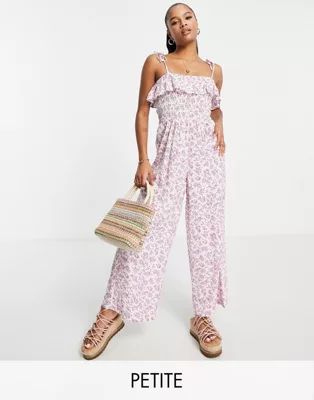 Miss Selfridge Petite strappy shirred jumpsuit in lilac ditsy - LILAC | ASOS (Global)