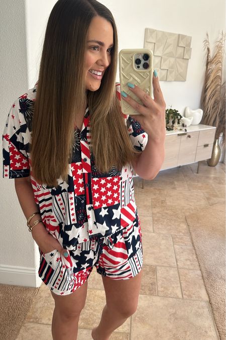 #wamartpartner These patriotic pjs from @walmart @walmartfashion might be my favorite purchase of the year so far! I’m wearing size Large. They come in so many cute other prints & they’re under $17 🤍🇺🇸 #walmartfashion 

#LTKSeasonal #LTKFindsUnder50 #LTKMidsize