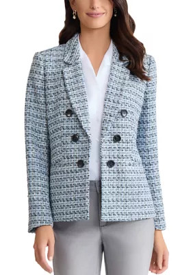 Petite Long Sleeve Faux Double Breasted Tweed Blazer | Belk