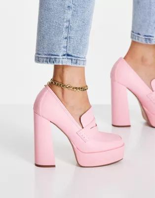 ASOS DESIGN Pippin platform heeled loafers in pink | ASOS (Global)