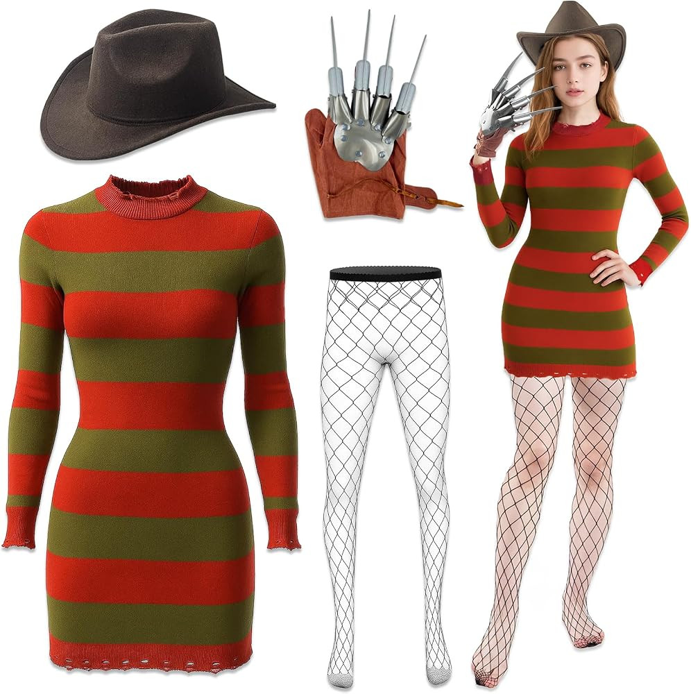 Halloween Costume for Women Adult Scary Killer Knitted Striped Dress with Brown Hat Glove and Mes... | Amazon (US)