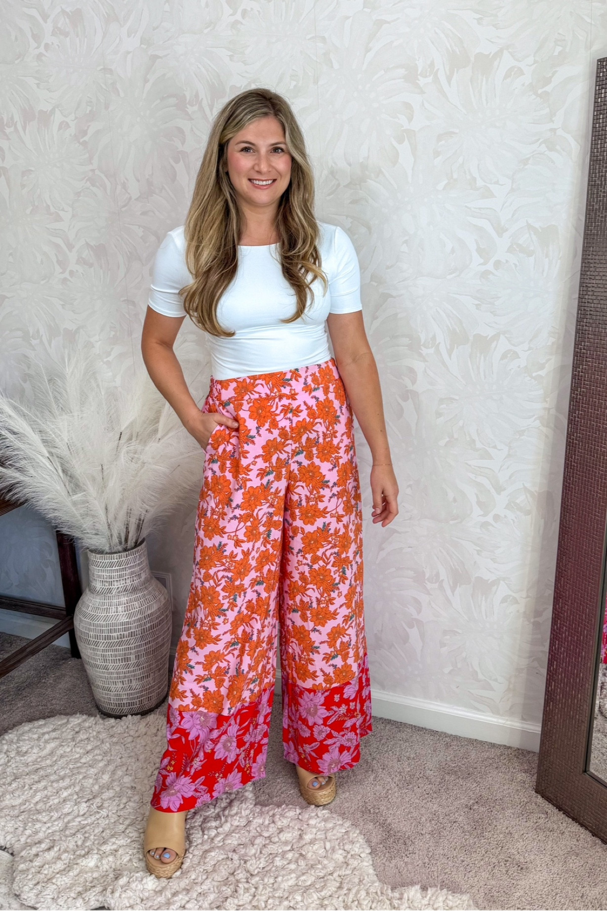Walmart floral pants pink pants not jeans elastic waist - run a little big, I’m wearing a small but could have sized down to XS I just prefer a looser fit. 

White scoop neck top really smooth and tight fitting great basic top 

#LTKFindsUnder50 #LTKParties #LTKStyleTip