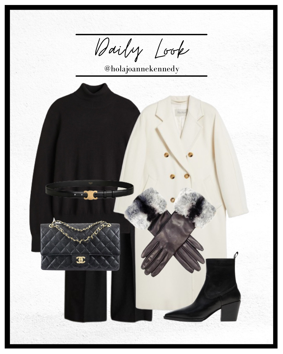 Monochrome winter outfit, Business chic style, Tailored trousers outfit, Cream cashmere coat, All-black with a pop of cream, Luxe winter workwear, Classic winter accessories, Black leather gloves with fur trim, Chanel bag outfit styling, Timeless officewear look 

#LTKstyletip #LTKworkwear #LTKluxury