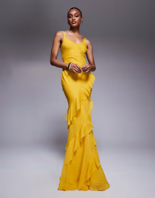 ASOS DESIGN Tall scoop neck maxi dress with ruffle skirt and cut out back in mustard | ASOS (Global)