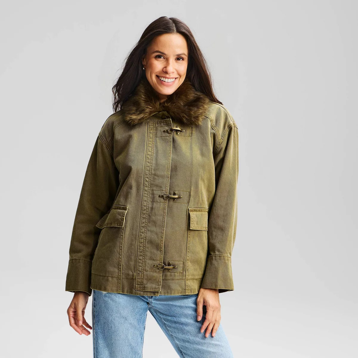 Women's Faux Fur Collar Utility Jacket - Universal Thread™ Green S | Target