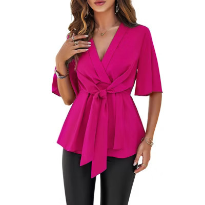 Coolmee Women Casual Peplum Tops Elegant V Neck Bell Half Sleeve Dressy Blouses Cute Tie Front Tops Shirts Rose red S | Target