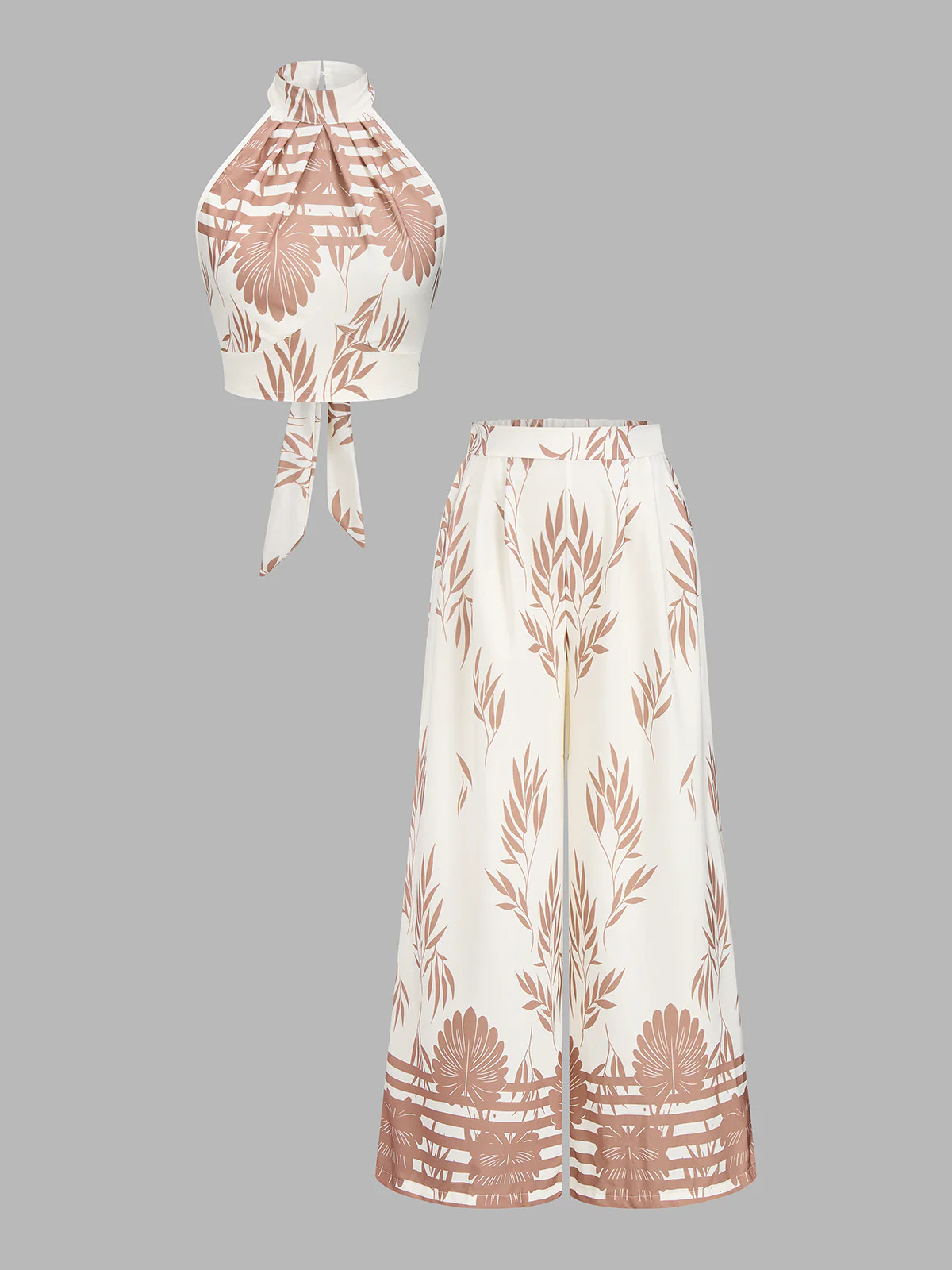 Leaf Print Halter Neck Crop Top & Pants Set | Commense