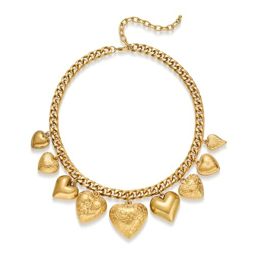 ENSKEFEN Vintage Gold Heart Charm Necklaces for Women Chunky Cuban Chain Necklace with Nine Textured Heart Pendants Retro Puffy Love Necklace Statement Jewelry | Amazon (US)
