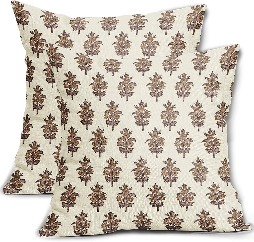 Brown Floral Block Print Pillow Covers 18x18 Set of 2 Spring Flower Pattern Decorative Throw Pill... | Amazon (US)