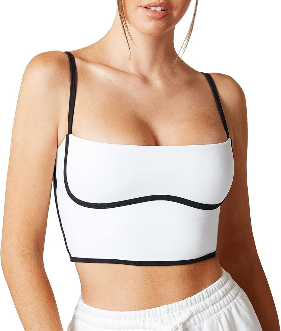 Move With You Sleeveless Spaghetti Strap Padded Sports Bra Tank Tops Square Neck Double Layer Wor... | Amazon (US)