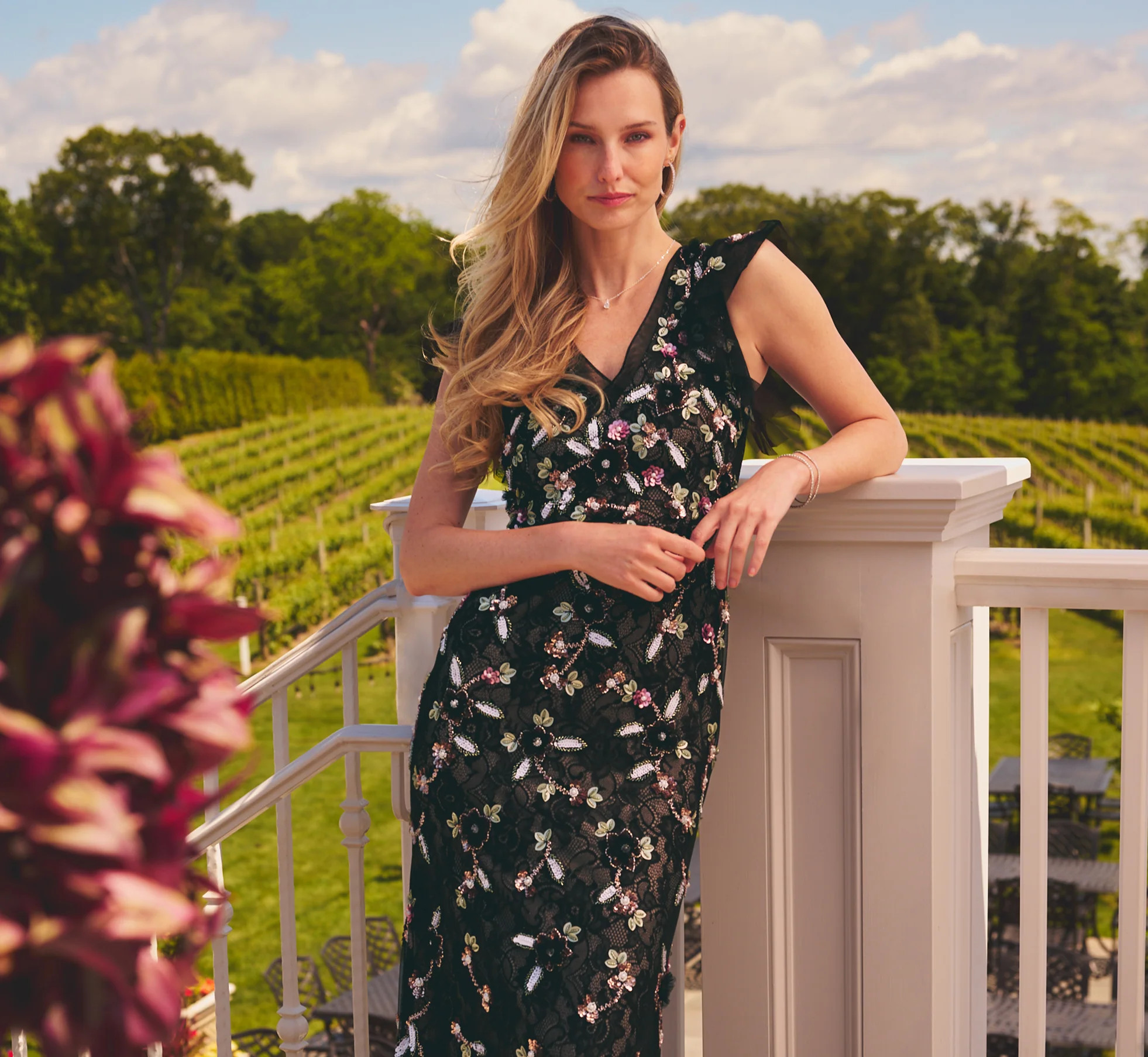 Multi Colored Flutter Sleeve Floral Sequin Beaded Lace Gown - Adrianna Papell | Adrianna Papell