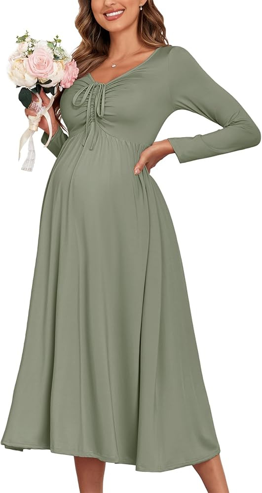 2024 Maternity Tie Front Ruched Nursing Dress A Line Long Sleeve V Neck Swing Pregnancy Maxi Dres... | Amazon (US)