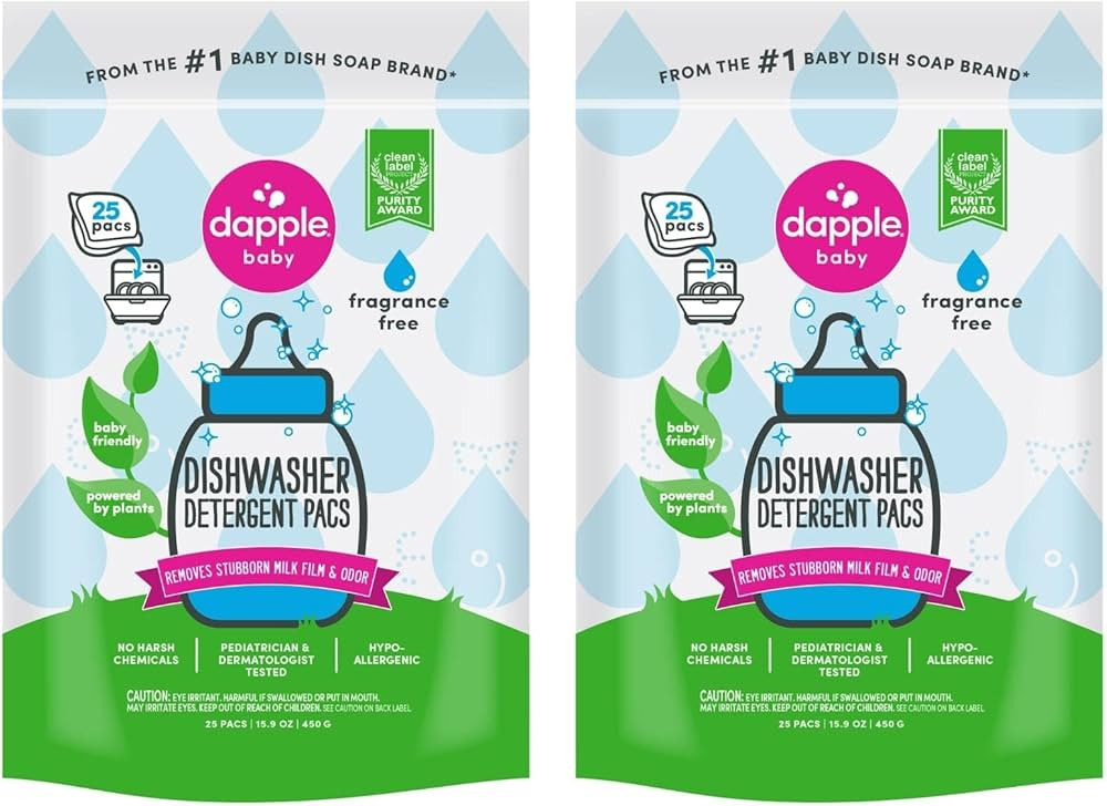 Dishwasher Detergent Pacs by Dapple Baby, 25 Count Pouch (Pack of 2), Fragrance Free, Plant Based... | Amazon (US)