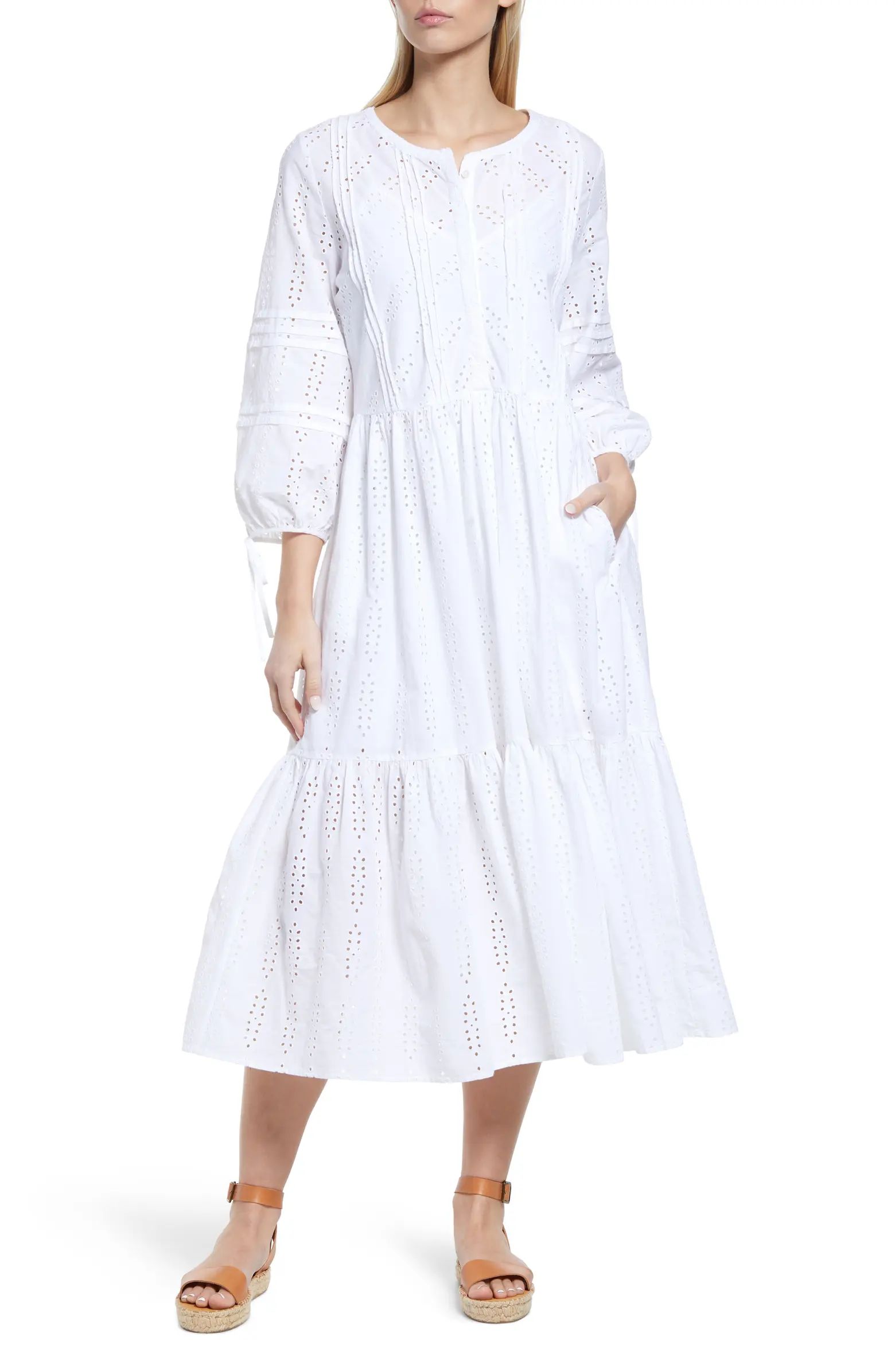 Caslon® Eyelet Three-Quarter Sleeve Cotton Midi Dress | Nordstrom | Nordstrom