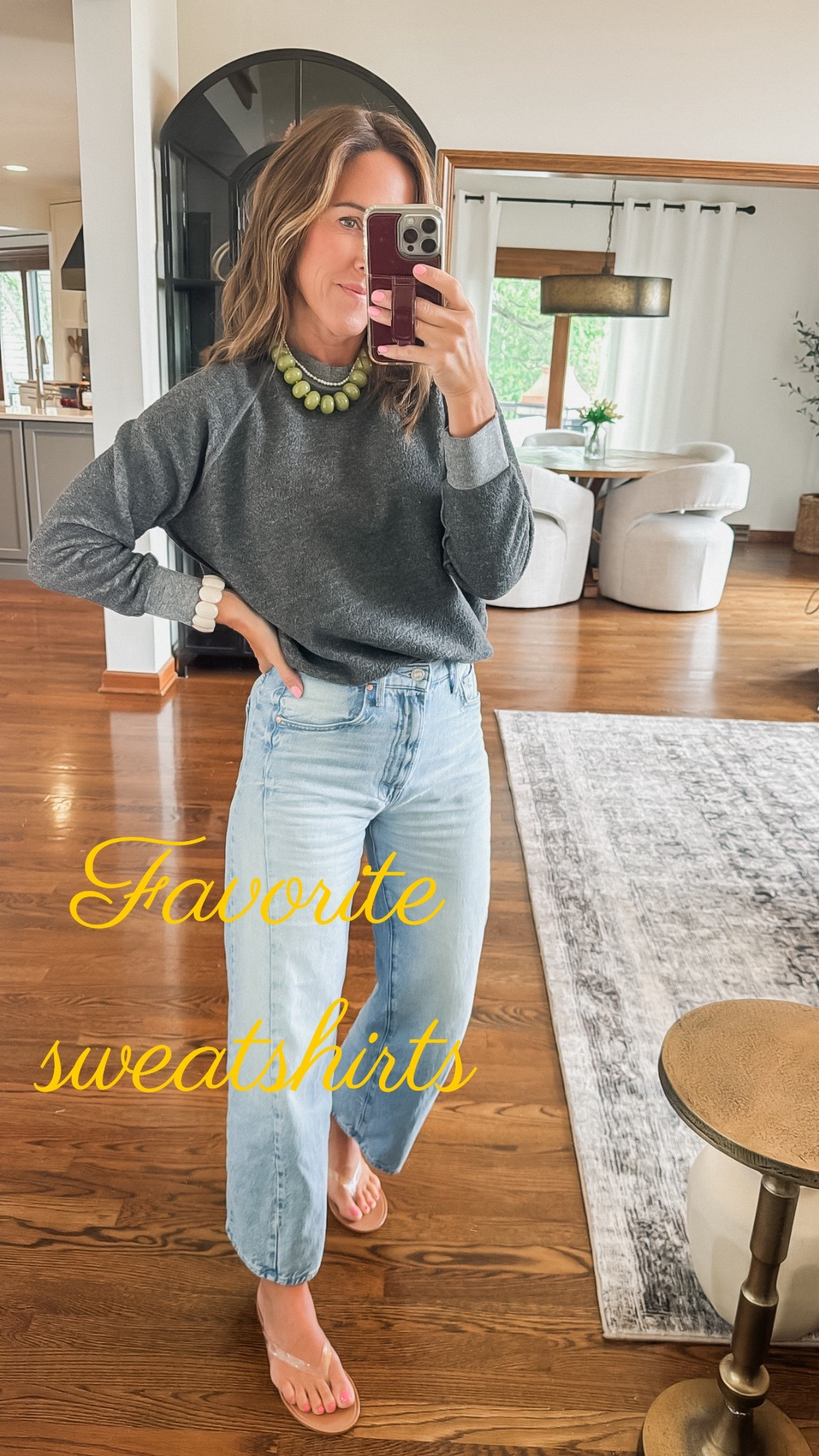 Theee inside/out sweatshirts are the best. 
Size up. I wear the M
Jeans here, tts, 25 regular. 


#LTKootd #LTKmomlife #LTKSeasonal