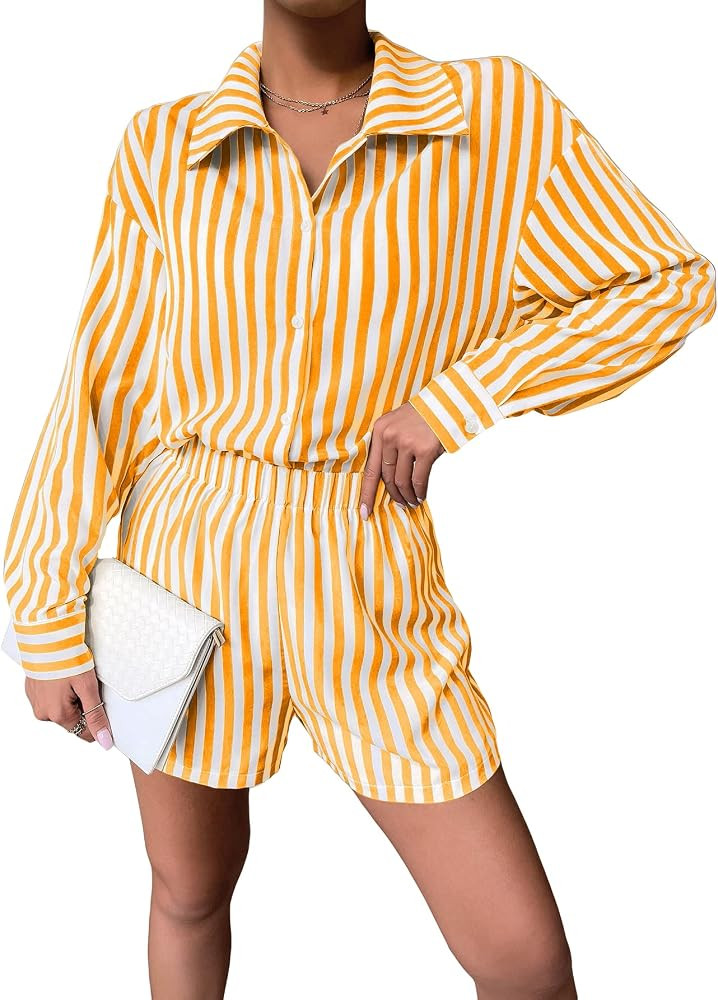 Amazon.com: Floerns Women's 2 Piece Outfit Striped Long Sleeve Blouse Top with Shorts Set Orange ... | Amazon (US)