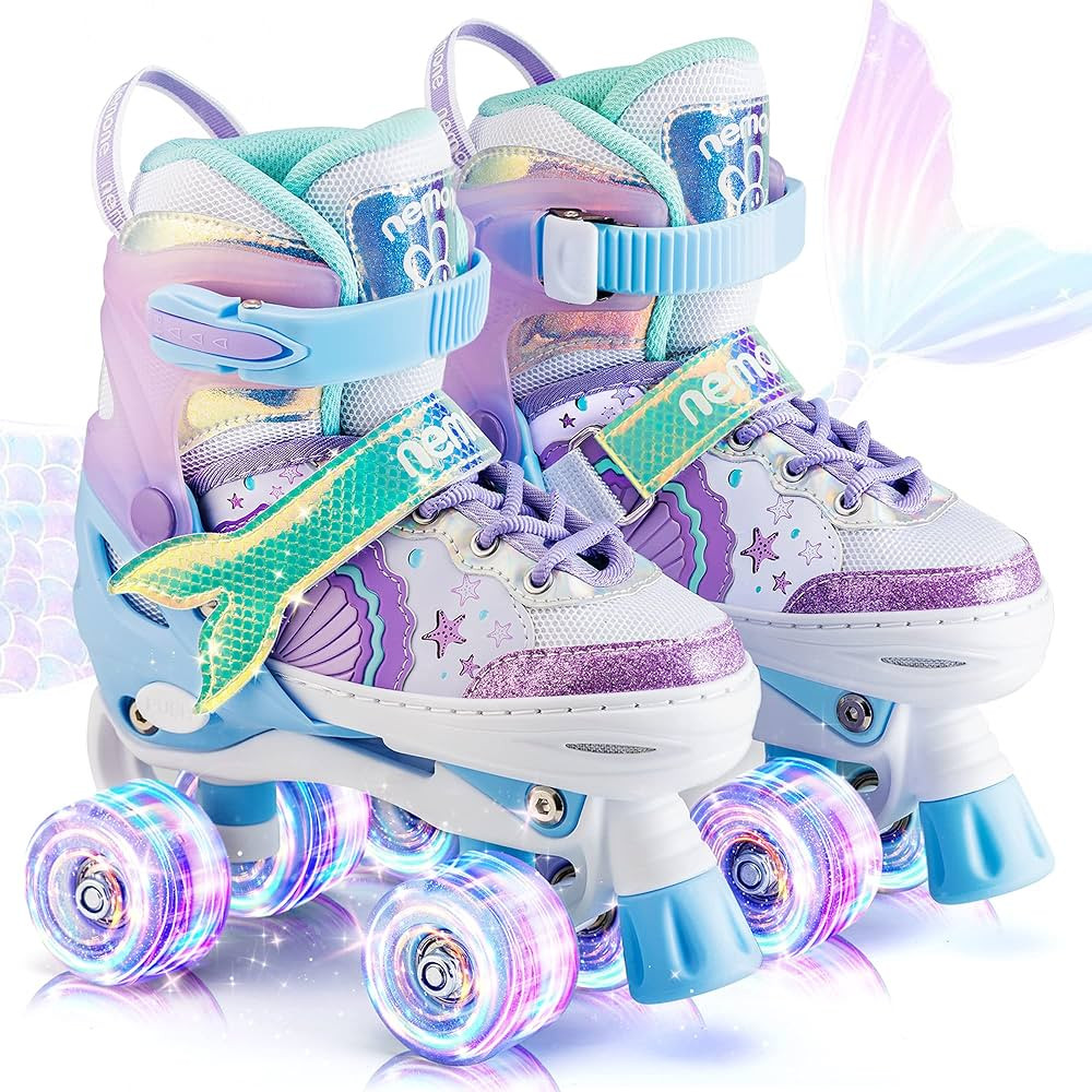 NEMONE Mermaid 4 Size Adjustable Light up Roller Skates for Girls, Purple Blue Skates for Toddler... | Amazon (US)