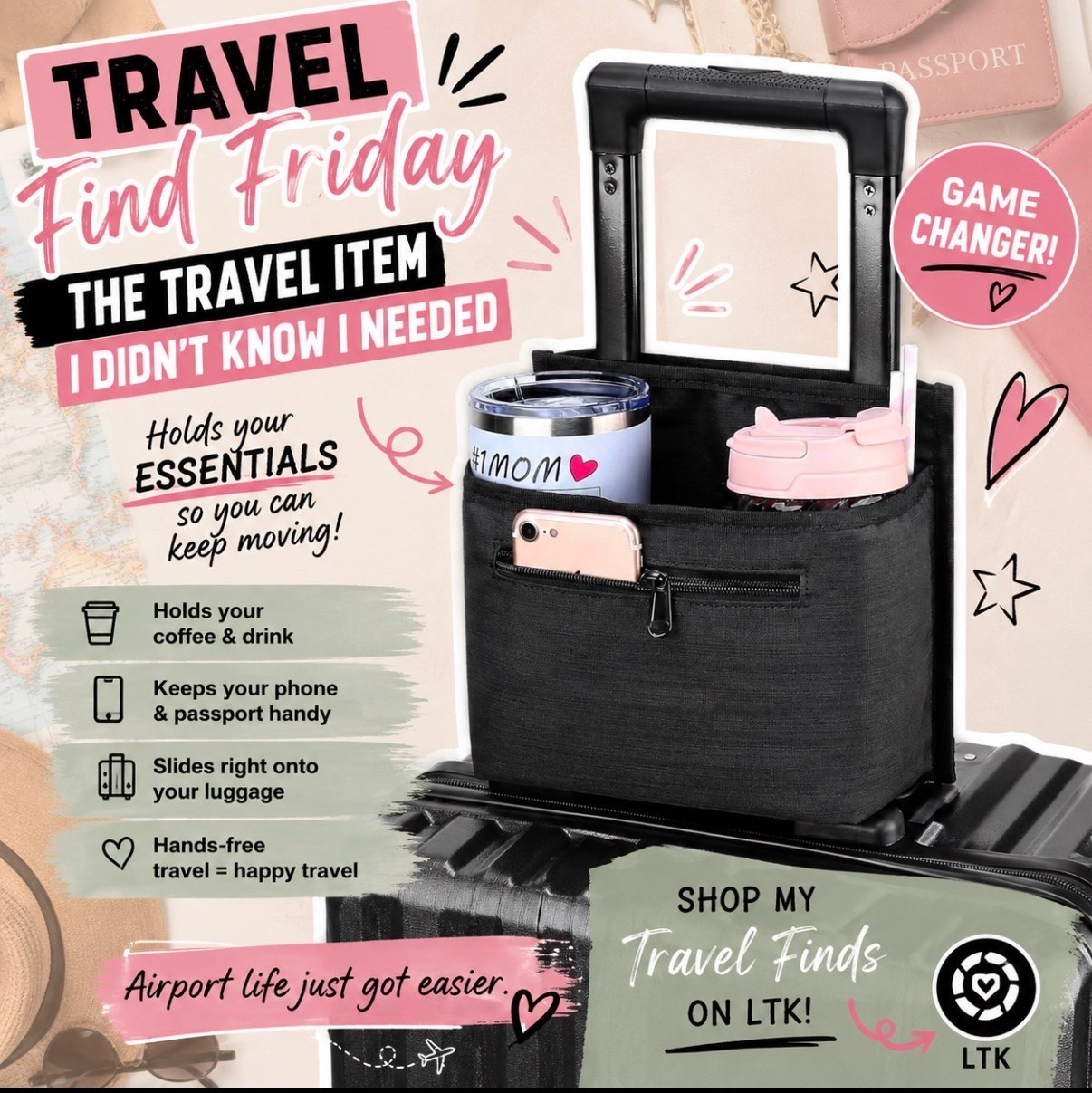 Travel Find Friday ✈️🧳

Okay…where has THIS been all my traveling life?! 😂☕ This little luggage cup holder slides right onto your suitcase handle and keeps your drinks, phone, passport, and other airport essentials within reach.

Because juggling a suitcase, carry-on, coffee, phone AND boarding pass should not be part of the travel experience. 🙌

Definitely one of those “I didn’t know I needed it until I saw it” finds! 💕
✨ Shop this week’s Travel Find Friday on my LTK!

#TravelFindFriday #TravelMustHaves #TravelHacks #travel #drinkcaddy

#LTKTravel #LTKselfcare #LTKOver40