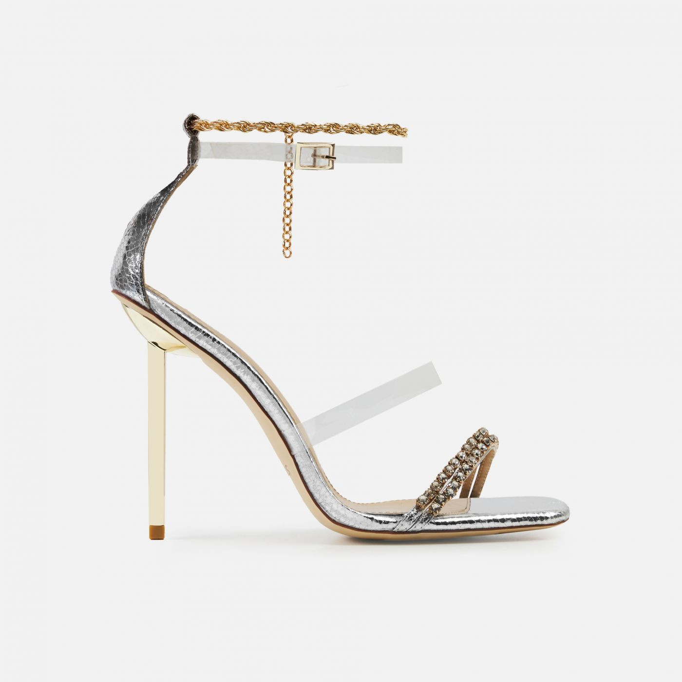 Nefta Silver Metallic Faux Snake Print Diamante Stiletto Heels | Simmi Shoes