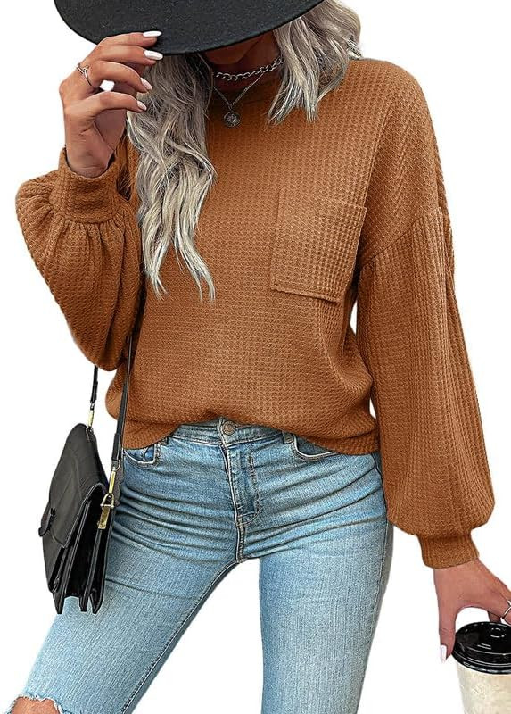 SHEWIN Womens Long Sleeve Tops Dressy Casual Spring Summer Crewneck Waffle Knit Blouses for Women... | Amazon (US)