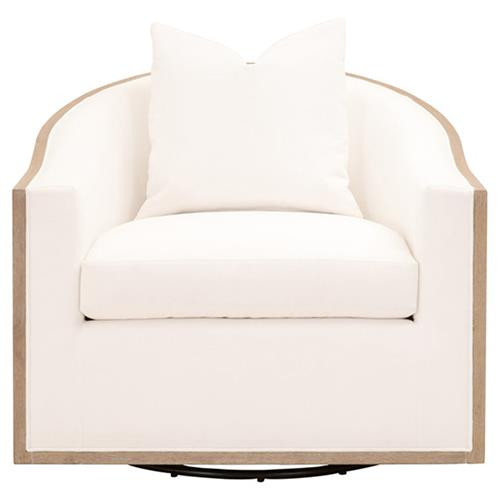 Denise Rustic White Performance Grey Oak Wood Frame Swivel Barrel Club Chair | Kathy Kuo Home