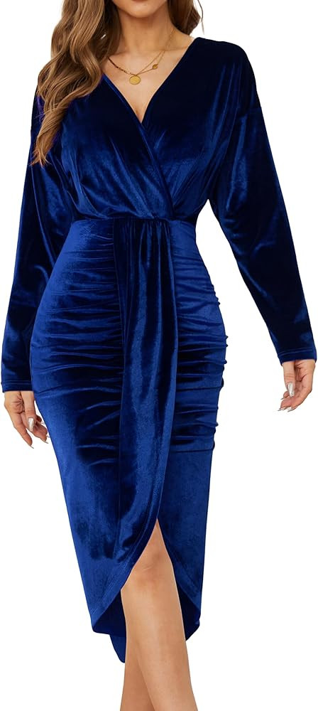 Women's V Neck Long Sleeve Ruched Dress Sexy Velvet Cocktail Party Evening Club Midi Dresses | Amazon (US)