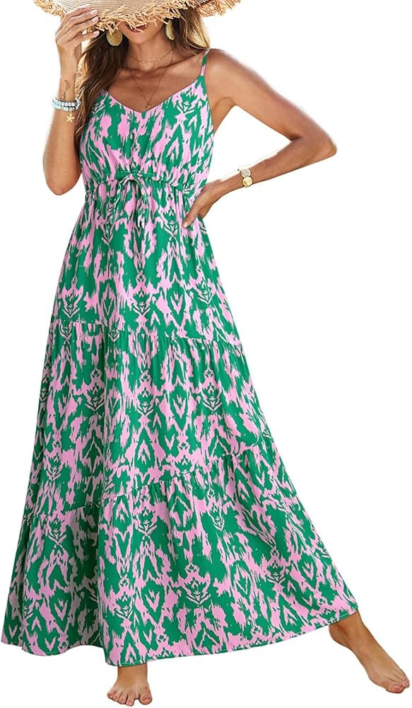 Dokotoo Summer Dress Casual Womens Boho Dress Sleeveless Printed Long Tiered Maxi Dress Beach Dre... | Amazon (US)