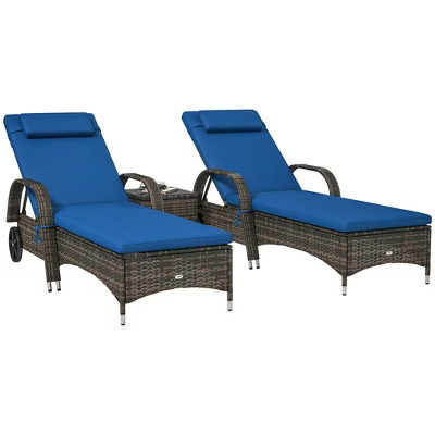 Outsunny Chaise Lounge Set of 2 with 5 Angle Backrest, Wheels, Table, Cushions, PE Rattan Wicker Chairs, 3-Piece Pool Furniture Set, Blue | Target
