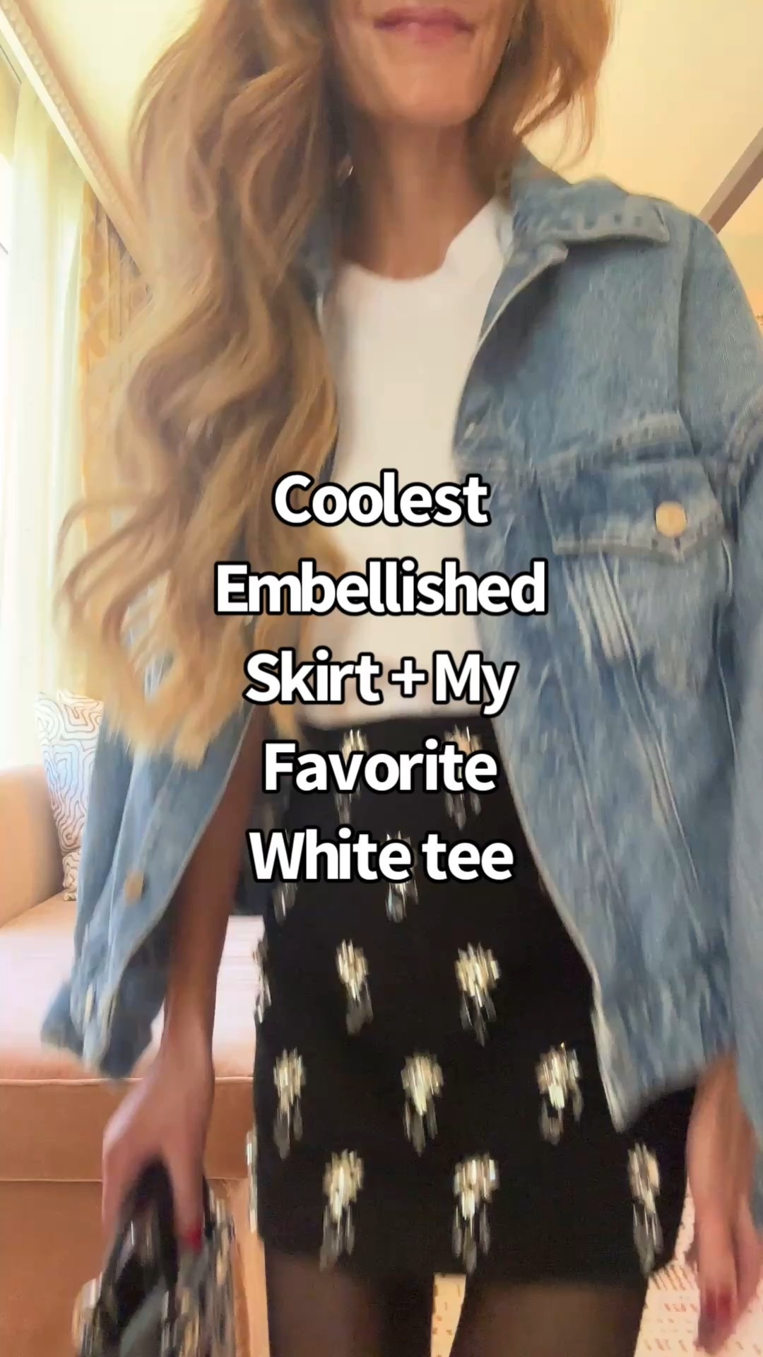 Love this embellished black skirt white tee oversized denim jacket 

#LTKHoliday #LTKOver40 #LTKFindsUnder100