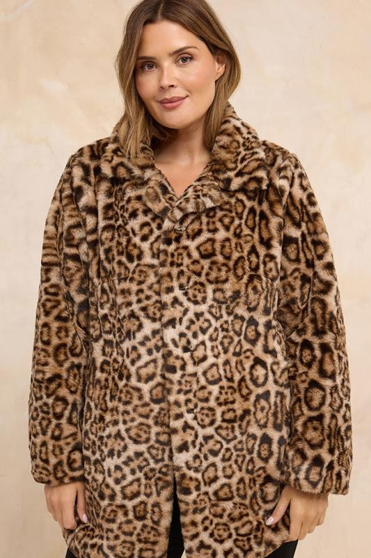 EVANS Plus Size Natural Brown Leopard Print Faux Fur Coat | Evans | Yours Clothing UK