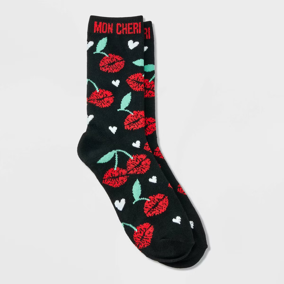 Women's 'Mon Cheri' Cherry Kisses Valentine's Day Crew Socks - Black 4-10 | Target
