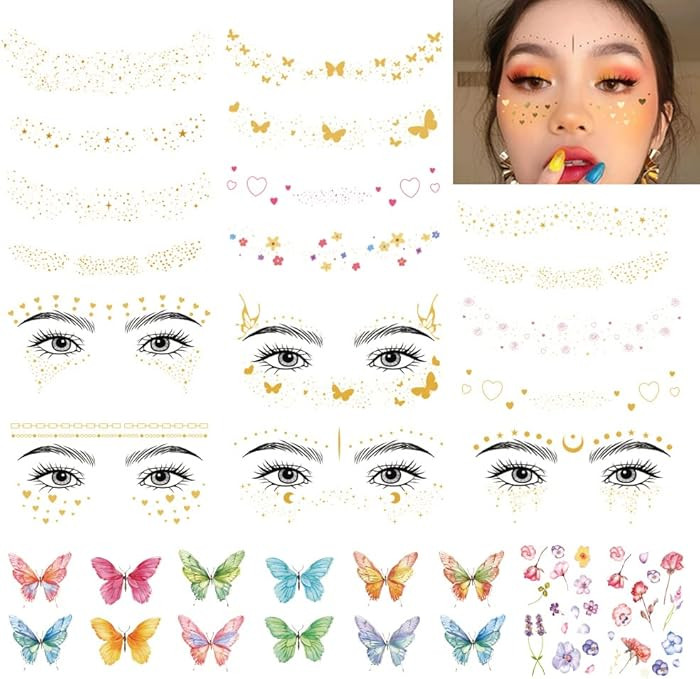 32 Sheets Face Temporary Tattoo, 20 sheets Glitter Metallic Freckle Tattoos, 12 PCS Butterflies F... | Amazon (US)