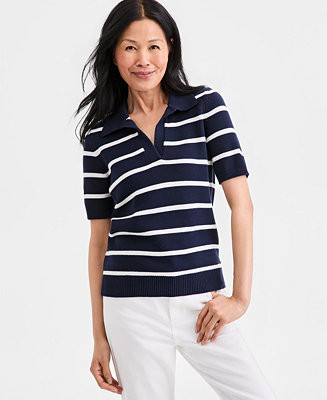 Women's Striped Cotton Elbow-Sleeve Johnny Collar Sweater, Macy's Exclusive | Macy's